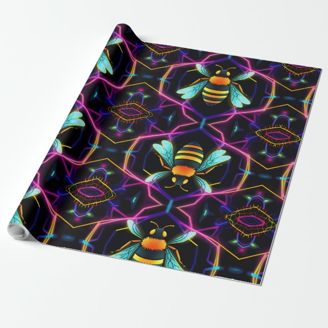 Vibrant Neon Honeybee med Abstrakt Hexagonal Presentpapper (Utrullad)