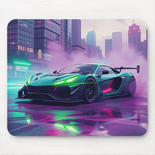 Vibrant Neon Hyper Car Mousepad Musmatta (Framsidan)