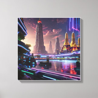 Vibrant Neon Ljus av Cyberpunk Bangkok Canvastryck