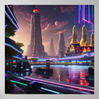 Vibrant Neon Ljus av Cyberpunk Bangkok Poster