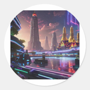 Vibrant Neon Ljus av Cyberpunk Bangkok Runt Klistermärke