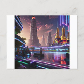 Vibrant Neon Ljus av Cyberpunk Bangkok Vykort