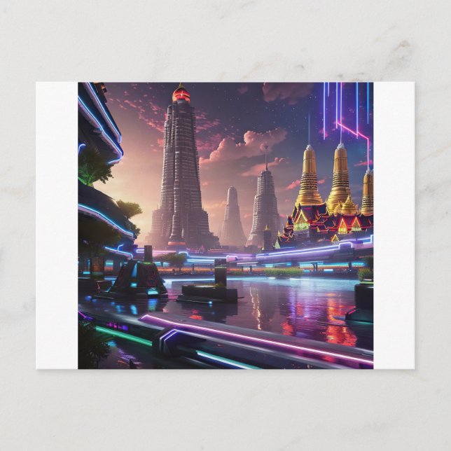 Vibrant Neon Ljus av Cyberpunk Bangkok Vykort (Framsida)