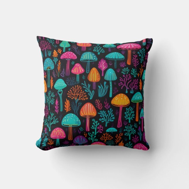 Vibrant Neon Mushroom Magic: Unique Patterns  Kudde (Framsida)