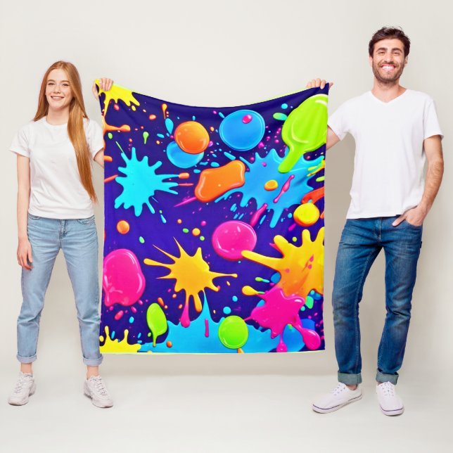 Vibrant Neon Paint Splatter Art Fleecefilt (På plats)