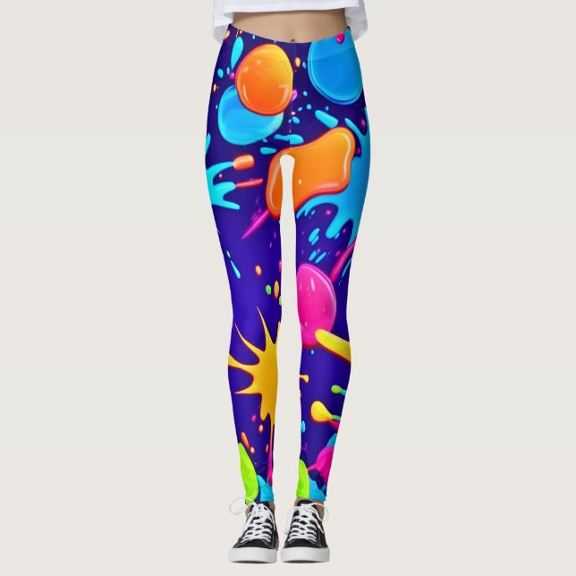 Vibrant Neon Paint Splatter Art Leggings (Framsida)