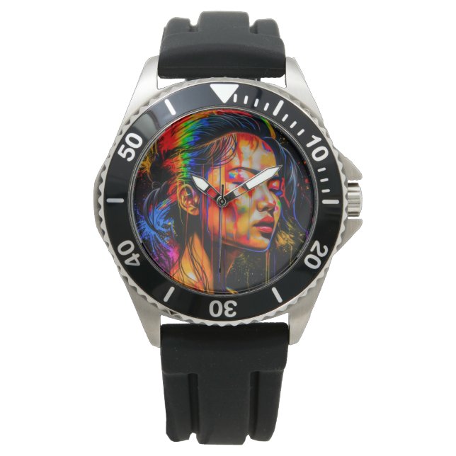Vibrant Neon Porträtt - Abstrakt Expressionist Art Armbandsur (Framsida)