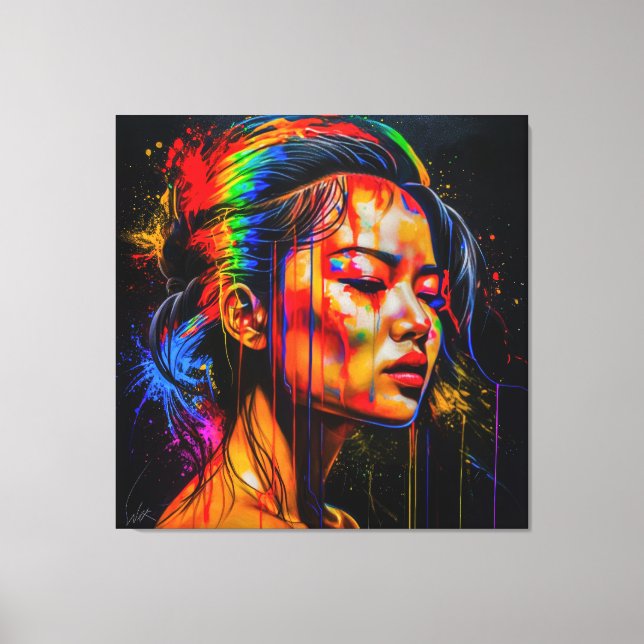 Vibrant Neon Porträtt - Abstrakt Expressionist Art Canvastryck (Framsida)