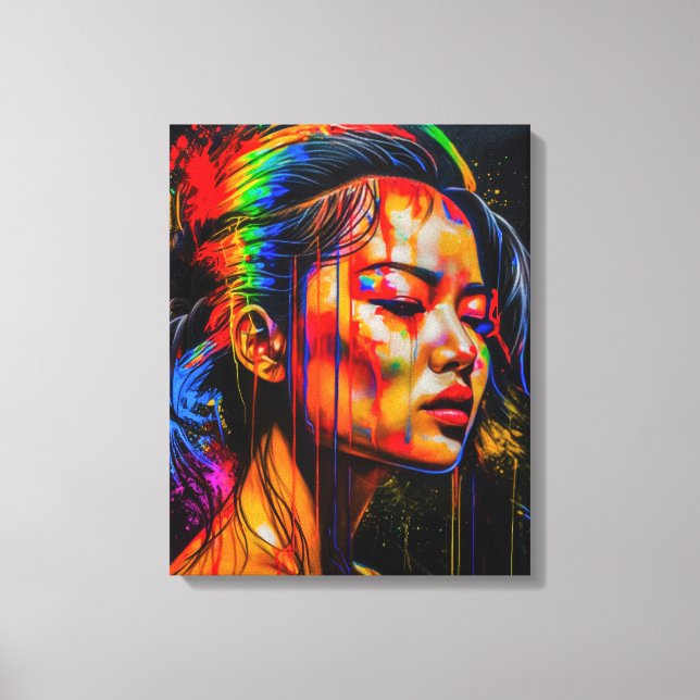 Vibrant Neon Porträtt - Abstrakt Expressionist Art Canvastryck (Framsida)