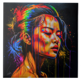 Vibrant Neon Porträtt - Abstrakt Expressionist Art Kakelplatta