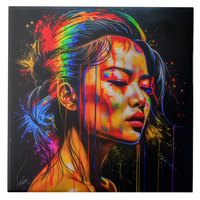 Vibrant Neon Porträtt - Abstrakt Expressionist Art Kakelplatta (Framsidan)