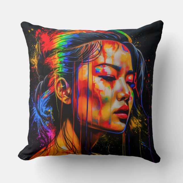 Vibrant Neon Porträtt - Abstrakt Expressionist Art Kudde (Framsida)