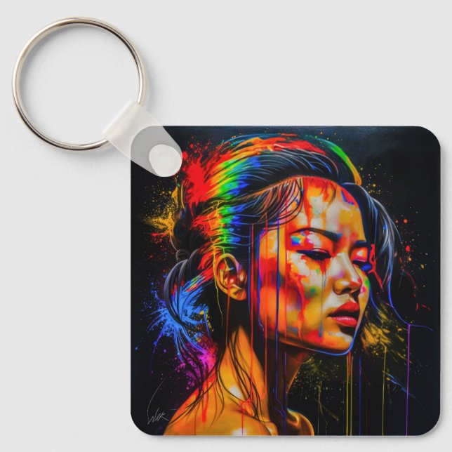 Vibrant Neon Porträtt - Abstrakt Expressionist Art Nyckelring (Framsida)