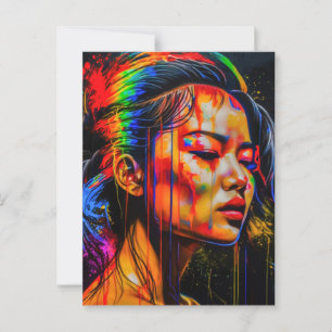 Vibrant Neon Porträtt - Abstrakt Expressionist Art Vykort