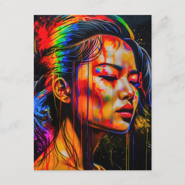 Vibrant Neon Porträtt - Abstrakt Expressionist Art Vykort (Framsida)
