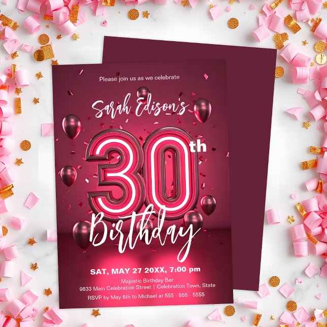 Vibrant Neon Rosa 30års födelsedag med ballonger Inbjudningar (Skapare uppladdad)