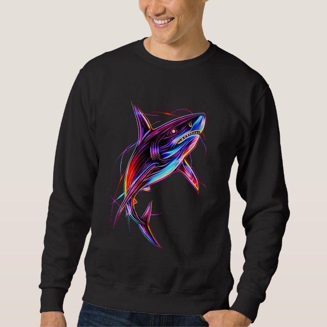 Vibrant Neon Shark Modern Digital Ocean Lång Ärmad Tröja (Framsida)