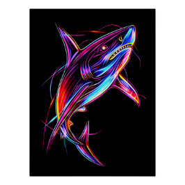 Vibrant Neon Shark Modern Digital Ocean Perfect Poster