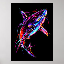 Vibrant Neon Shark Modern Digital Ocean Poster