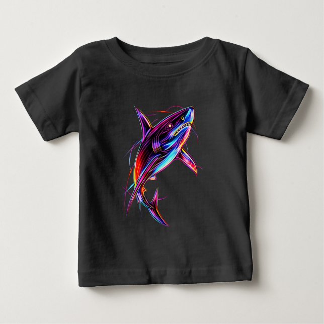 Vibrant Neon Shark Modern Digital Ocean T Shirt (Framsida)