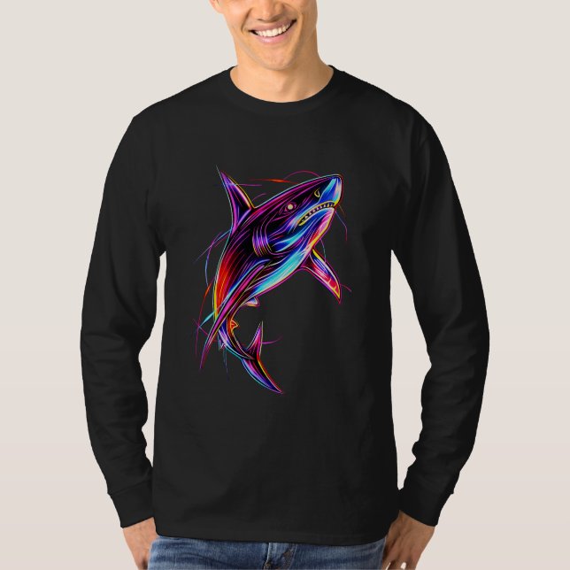 Vibrant Neon Shark Modern Digital Ocean T Shirt (Framsida)