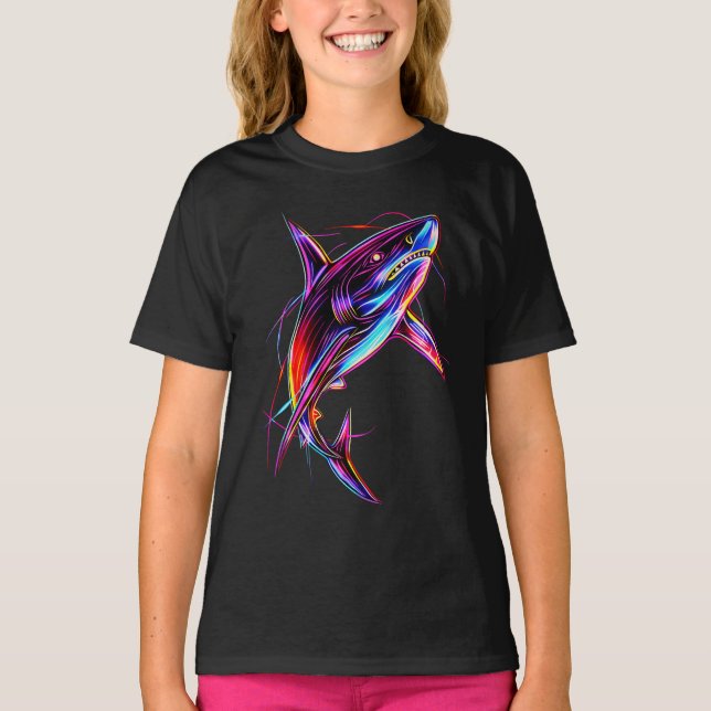 Vibrant Neon Shark Modern Digital Ocean T Shirt (Framsida)