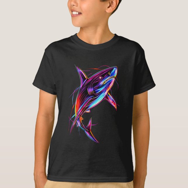 Vibrant Neon Shark Modern Digital Ocean T Shirt (Framsida)