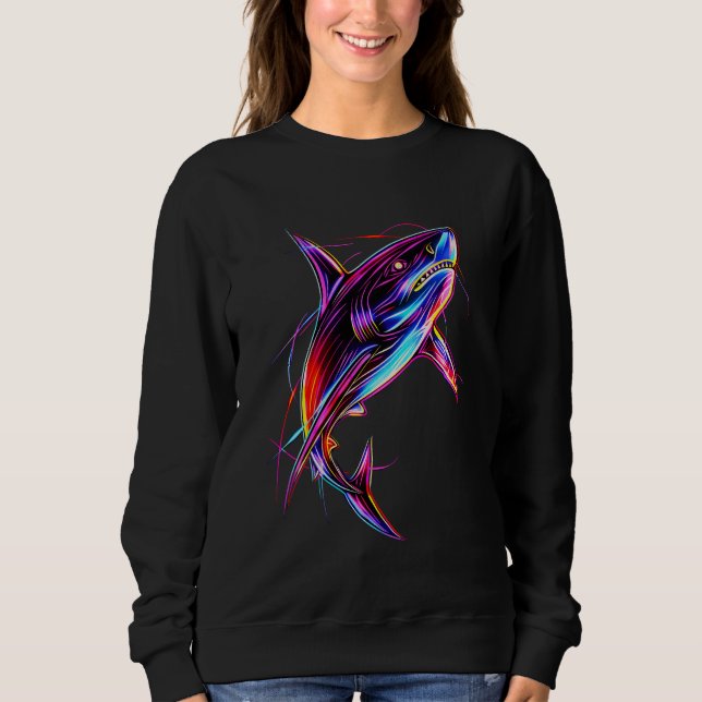 Vibrant Neon Shark Modern Digital Ocean T Shirt (Framsida)