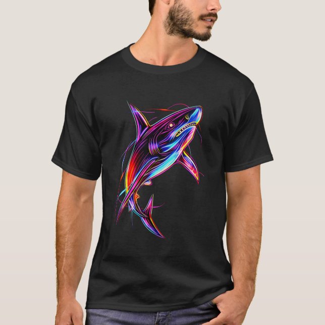 Vibrant Neon Shark Modern Digital Ocean T Shirt (Framsida)