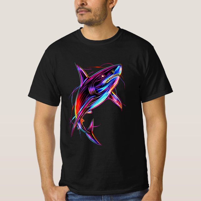 Vibrant Neon Shark Modern Digital Ocean T Shirt (Framsida)