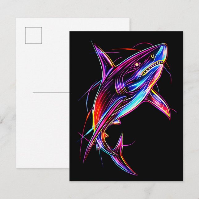 Vibrant Neon Shark Modern Digital Ocean Vykort (Fram/baksida)