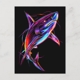 Vibrant Neon Shark Modern Digital Ocean Vykort