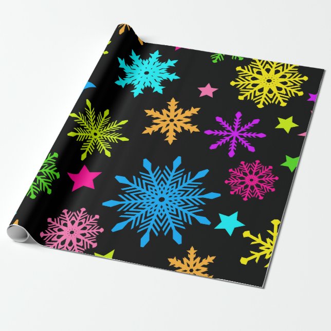 Vibrant Neon Snowflake Mönster Presentpapper (Utrullad)