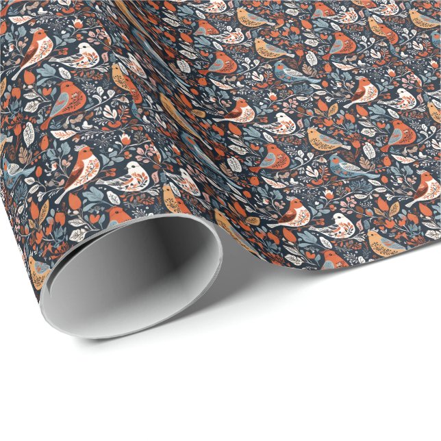 Vibrant nordisk Blommigt och fågeln Mönster Presentpapper (Rullad Hörn)