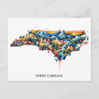 Vibrant North Carolina liggande Karta Art | Colorf Helg Vykort