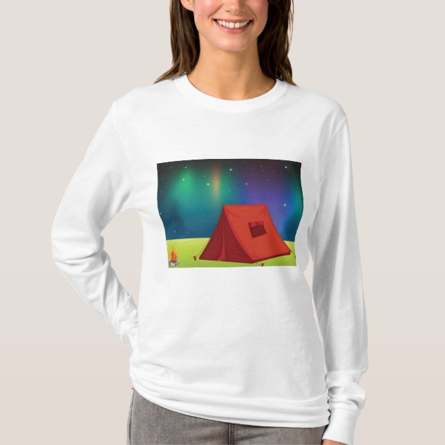 Vibrant Northern Lights Camping Tent Night T Shirt (Framsida)