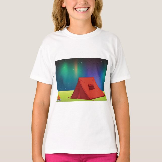 Vibrant Northern Lights Camping Tent Night T Shirt (Framsida)