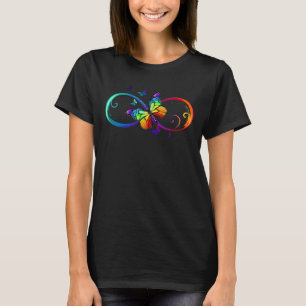 Vibrant oändlighet med regnbågsfjäril på svart t shirt