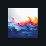 Vibrant Ocean Wave Resin Surge Glow Canvastryck<br><div class="desc">Powerful blue waves surge and crash in vivid resin pours, blending deep sapphire, electric turquoise, and cyan into towering crests. Explosive coral, hot pink, magenta, and fiery orange bursts rise from the peaks like sunset flames or molten light, while soft white foam and subtle gold-copper metallic flecks add luminous sparkle...</div>