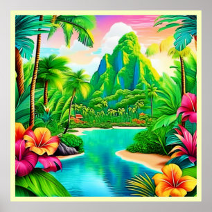 Vibrant Oceanen Vågar & Handflatan Träd Art Poster