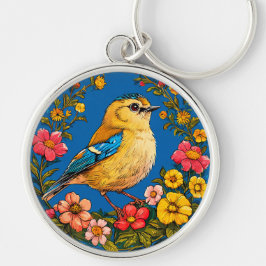 Vibrant och detaljerad illustration av en fågel rund silverfärgad nyckelring