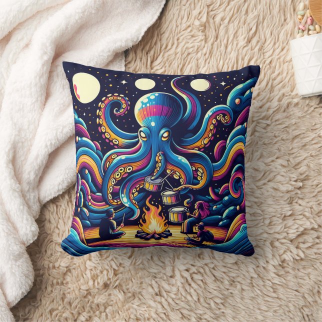 Vibrant Octopus Drumming av Campfire Kudde (Filt)