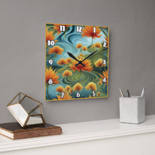 Vibrant Orange Flowers Amidst Swirling Blues Fyrkantig Klocka