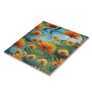 Vibrant Orange Flowers Amidst Swirling Blues Kakelplatta
