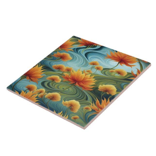 Vibrant Orange Flowers Amidst Swirling Blues Kakelplatta (Sidan)