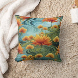 Vibrant Orange Flowers Amidst Swirling Blues Kudde