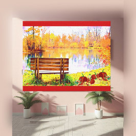 Vibrant Orange Garden Bench Fall Färg Autumn Löv Canvastryck