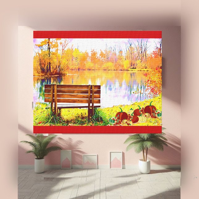 Vibrant Orange Garden Bench Fall Färg Autumn Löv Canvastryck (Vibrant Orange Garden Bench Fall Color Autumn Leaf Canvas Print)