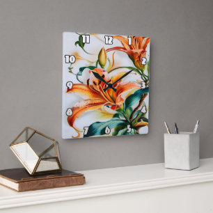 Vibrant Orange Lilies i Bloom under Vår Fyrkantig Klocka