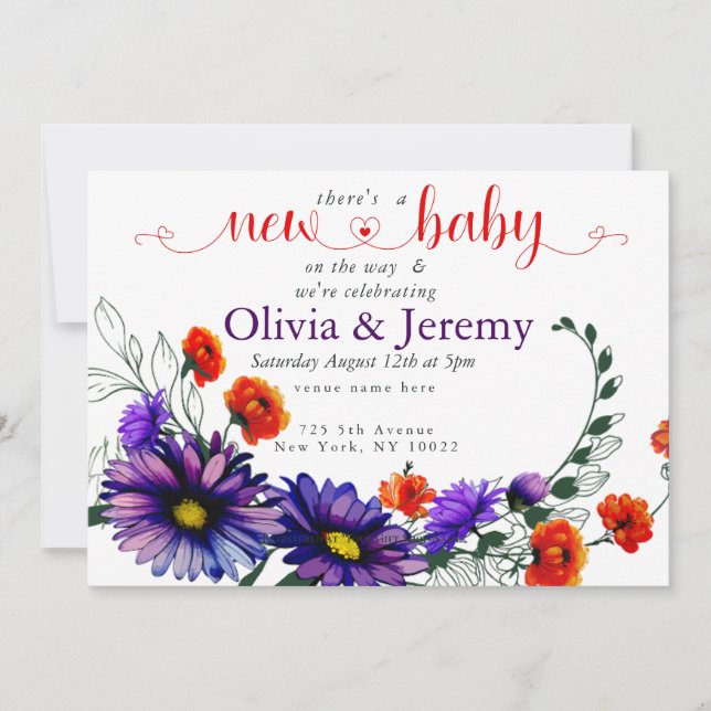 Vibrant Orange och Lila WildblomBaby Shower Inbjudningar (Framsida)